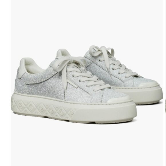 NEW TORY BURCH Leather Ladybug Sneakers For women  silver glitter multi 72529j4 - Picture 1 of 9